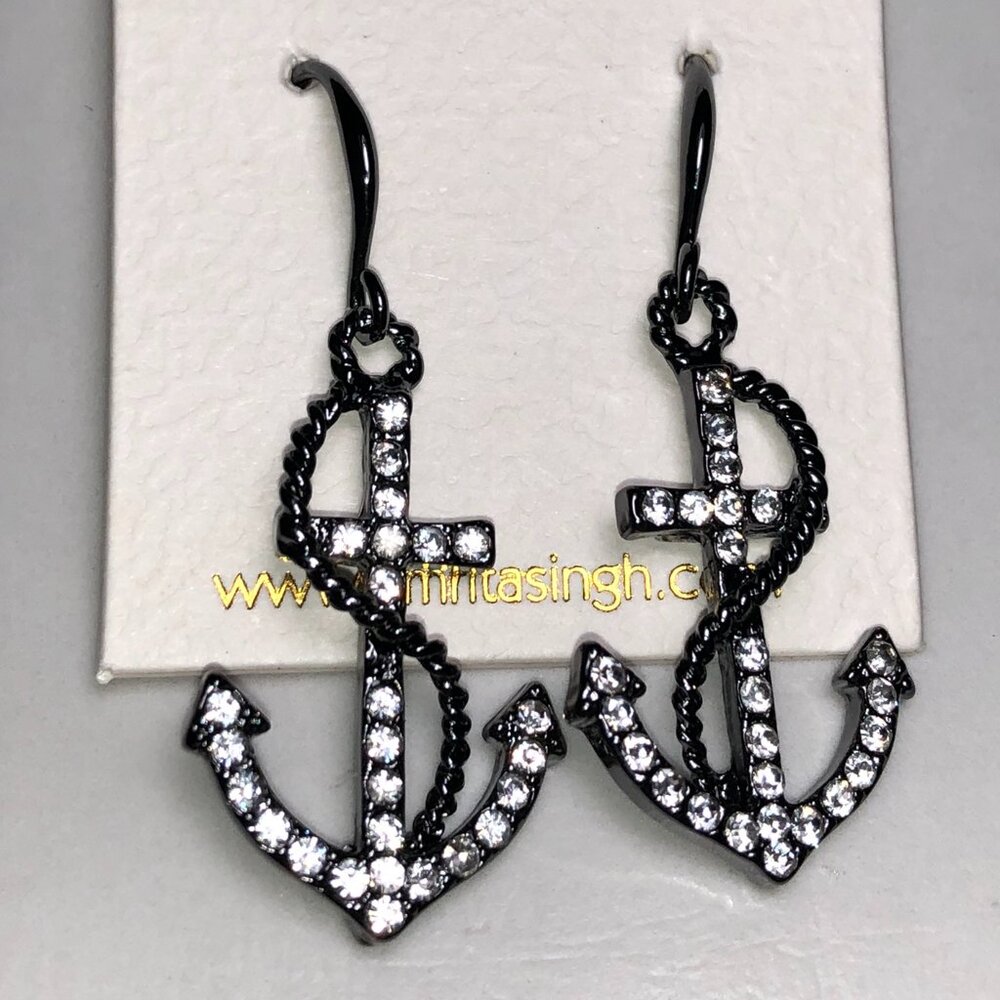 Amrita Gunmetal & Crystal Anchor Dangle Earrings